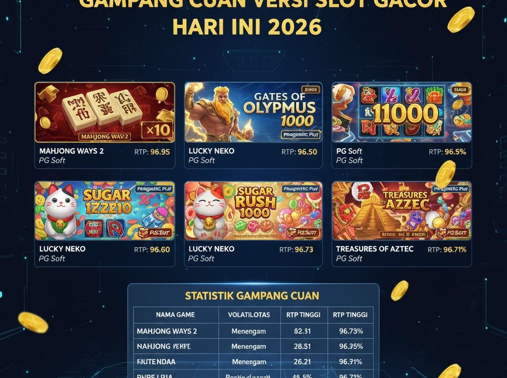 Infografis 5 Game Slot Viral Gampang Cuan 2026 yang menampilkan ikon populer seperti Mahjong Ways, Gates of Olympus, dan Lucky Neko untuk edukasi strategi pemain.
